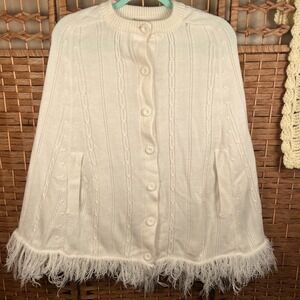 VTG 70s Shawl Cape Dawnelle Cottage Crochet Buttons Fringe White Acrylic Sz Med